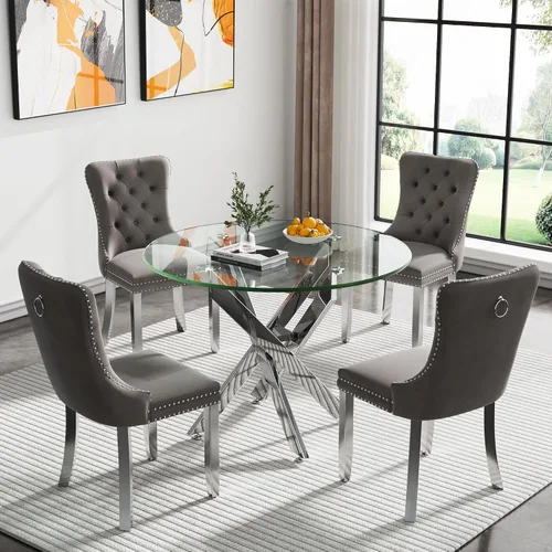 Miniatura 32 de Juego de 4 mesas de comedor de cristal para 4, juego de 4 mesas y sillas de cocina modernas, juego de mesa de comedor de cocina de 5 piezas con mesa