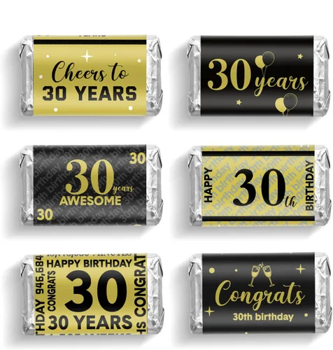 Tenare 90 unidades de envoltorios de barra de caramelo de cumpleaños 30 negro y dorado, calcomanías de felicitación al aniversario, mini etiquetas