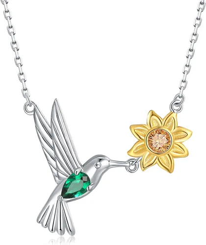 Bolelis Collares de plata de ley con colibrí para mujer, chapado en oro, colgante de flor de pájaro adornado con circonita brillante, joyería para