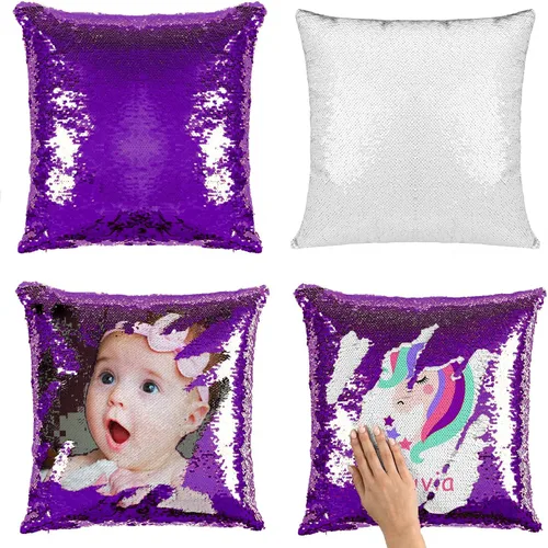 Miniatura 21 de JYFLZQ - Fundas de almohada de lentejuelas sublimadas en blanco 40.6 x 40.6 cm - Juego de 2 fundas reversibles con lentejuelas para almohadas