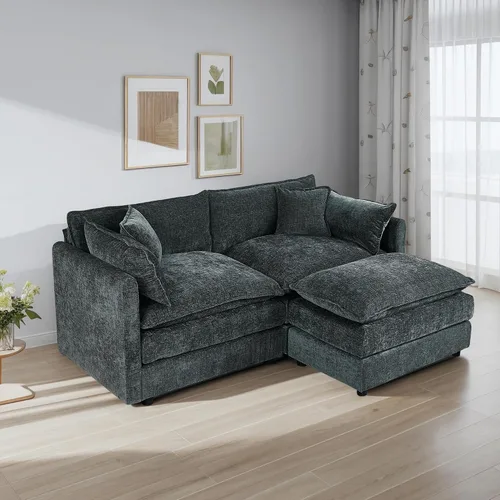 Miniatura 28 de Setawix Sofá Profundo de 3 Plazas con Otomana, Sofás de Nube en Forma de L de 112.2" para Sala de Estar, Sofá de Nube de Chenilla con Asiento Café