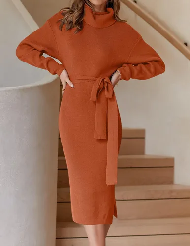 Miniatura 58 de ZESICA - Vestido por debajo de la rodilla de suéter, de cuello alto, para mujer, de manga larga, de punto acanalado, con abertura y cinturón