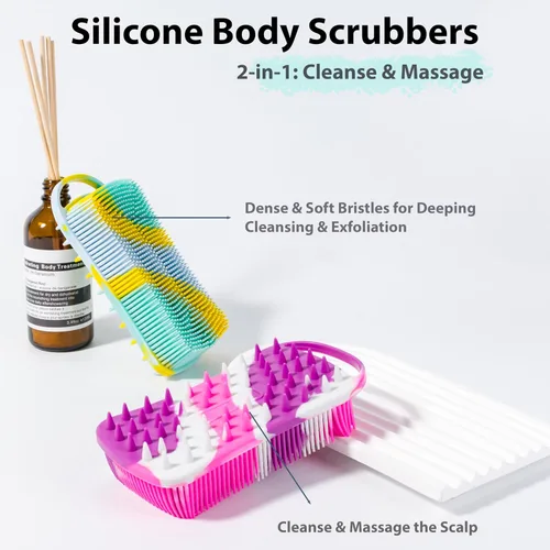 Miniatura 2 de 2 piezas de esponja corporal de silicona, esponja de baño y ducha exfoliante 2 en 1, esponja de loofah de silicona suave para piel sensible, Púrpura