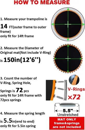 Miniatura 3 de Tapete para cama elástica, se adapta a marco de 14 pies, con 72 anillos en V para resortes de 5.5 pulgadas, repuesto de alfombrilla de trampolín