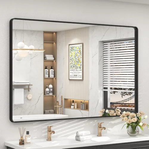 Miniatura 43 de Paquete de 2 espejos de baño con marco de metal negro de 22 x 30 pulgadas, espejo rectangular redondeado negro mate, antioxidante, se cuelga