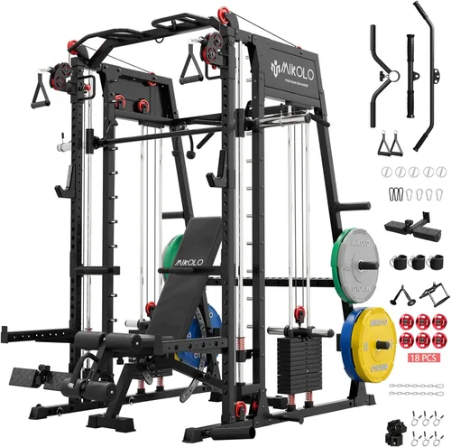 Miniatura 10 de Máquina de Smith Mikolo, banco de sentadillas de 2200lbs con sistema de tracción LAT y máquina de cruce de cables, equipo de entrenamiento con Rojo
