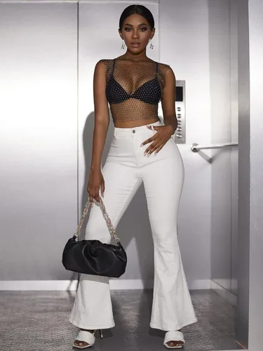 Miniatura 5 de Floerns Camiseta sin mangas con diamantes de imitación para mujer con malla transparente