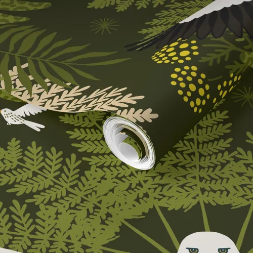 Miniatura 2 de Muestra de papel tapiz extraíble – Woodland Damasco Botánico Pájaro Botánico Moderno Selva Halcón Búho Helecho Hojas Papel pintado personalizado