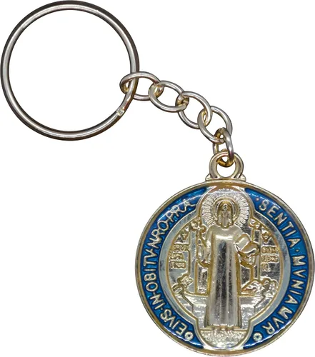 Medalla de San Benito - Llavero de metal en tono dorado Detalles de resina azul y roja Patrón de los estudiantes Gran regalo católico para
