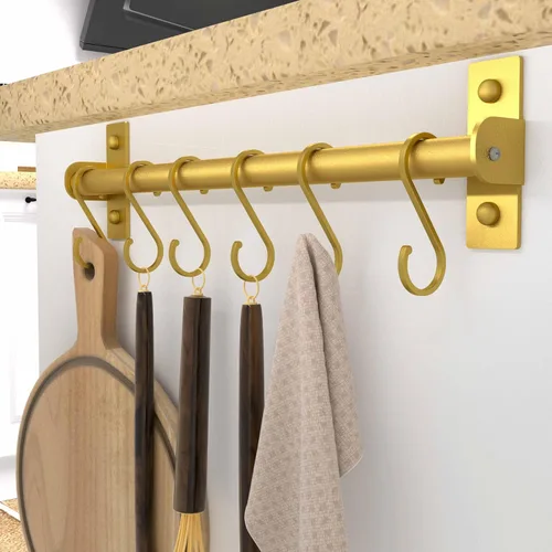 Miniatura 3 de Dseap Soporte Colgante para Utensilios de Cocina, Estante para Ollas y Sartenes Montado en la Pared, Riel de Cocina con 8 Ganchos para Colgar Dorado