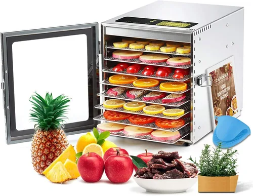 Cercker - Máquina deshidratadora de alimentos con 8 bandejas de acero inoxidable, deshidratador de 500W para charqui, secador de hongos a 190ºF,