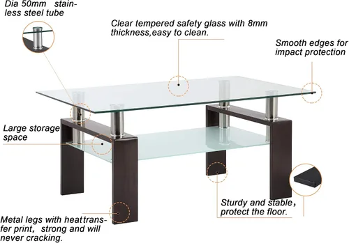Miniatura 5 de IANIYA El rectángulo negro de la nuez moderó la tabla de centro de cristal moderada de las piernas del tubo del metal Negro Nuez (Black Walnut)