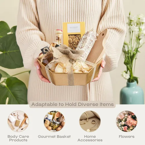 Miniatura 5 de Paquete de 5 cestas vacías para regalos, contenedores ideales para Navidad y boda, 8 x 6.69 x 2.75 pulgadas, color dorado