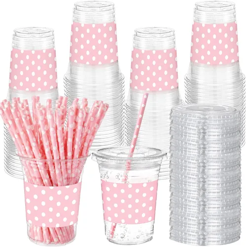 Miniatura 23 de Sliner 50 juegos de vasos de plástico a cuadros de 16 onzas con tapas y pajitas de papel, vasos desechables transparentes para fiesta de autos