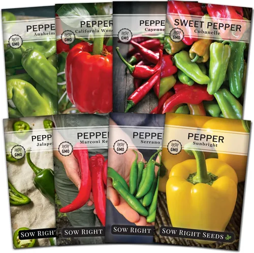 Sow Right Seeds - Colección de semillas de pimiento picante y dulce para plantar - California Wonder, Cubanelle, Marconi Red, Jalapeño, Serrano,