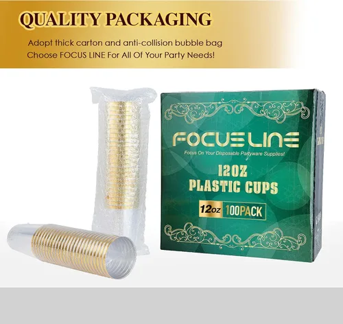 Miniatura 6 de FOCUSLINE Paquete de 100 vasos de plástico de 12 onzas con borde dorado, vasos transparentes de 12 onzas, vasos duros desechables elegantes y Borde
