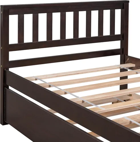 Miniatura 6 de VECELO Twin Size Platform Bed with Trundle, Solid Wood Twin Bed Frame with Slat Support, 400lbs+200lbs Weight Capacity, No Box Spring Needed