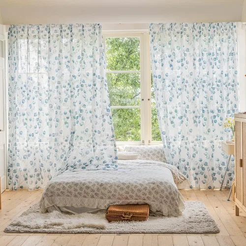 Miniatura 2 de SUOUO Cortinas blancas semitransparentes con hojas azules para dormitorio, comedor, sala de estar, lino texturizado de 84 pulgadas de largo