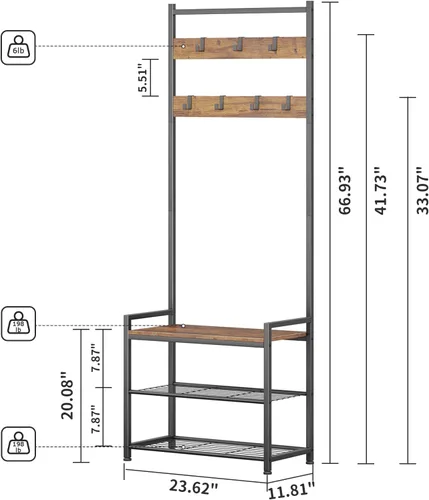 Miniatura 3 de Perchero de pasillo con almacenamiento de zapatos, banco de almacenamiento de árbol de entrada, muebles decorativos de aspecto de madera con marco