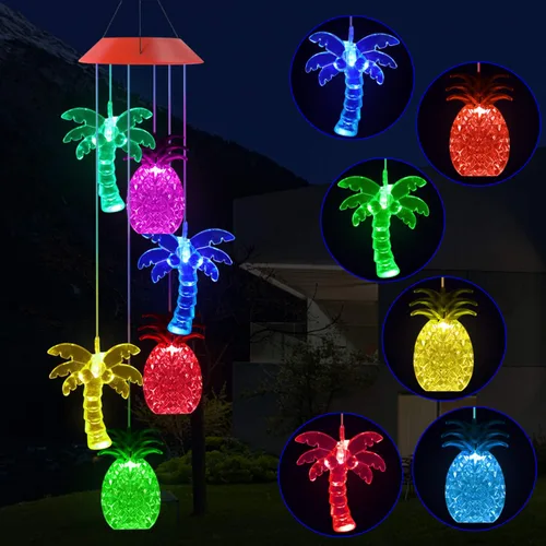 Solawindchime Campanillas de viento de piña, árbol de coco, regalos para mujeres, campanillas de viento solares que cambian de color, luces solares