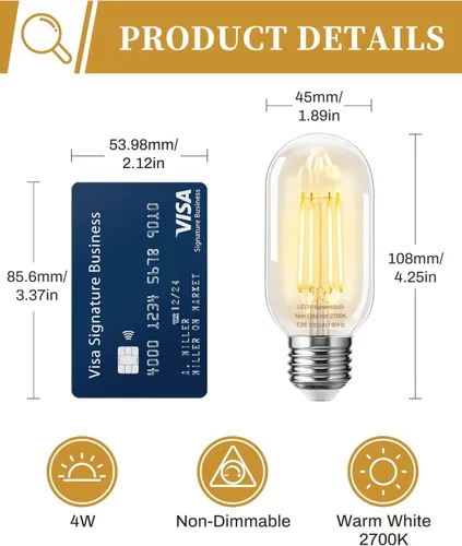 Miniatura 2 de NOTOC foco LED E26 de 4 W, equivalente a 40 W, foco tubular E26 no regulable luz cálida diurna 4000 K, foco de filamento Edison antiguo