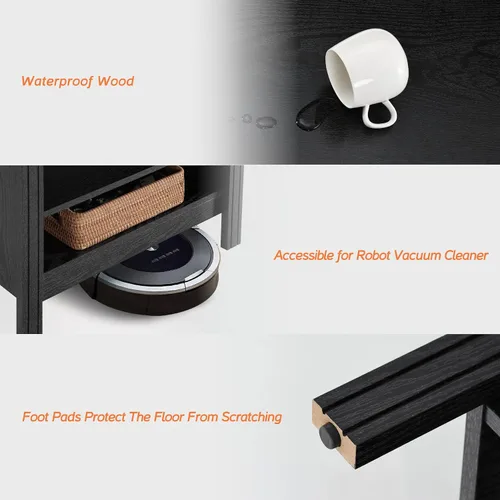 Miniatura 4 de WAMPAT Mesa auxiliar pequeña cuadrada para sala de estar, mesita de noche de madera de 2 niveles con estante de almacenamiento para dormitorio, Negro