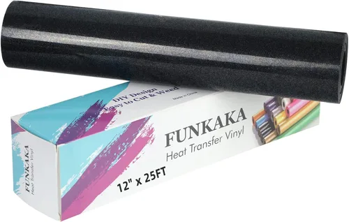 FUNKAKA Rollos de vinilo de transferencia de calor HTV negro con purpurina, vinilo de poliuretano para planchar de 12 pulgadas x 25 pies para