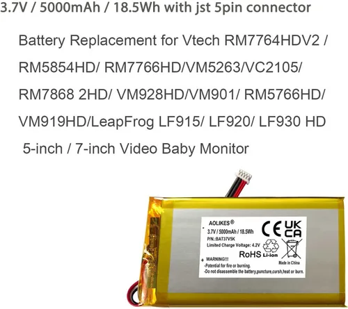 Miniatura 2 de Batería de repuesto de 5000mAh 3.7V para Vtech RM7866HD / RM7786HD / RM7766HD / RM7756HD 7 pulgadas Video Baby Monitor Leapfrog LF920hd LF930HD