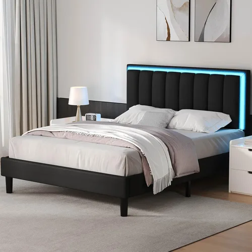 Miniatura 6 de IMMERSTABLE Marco de cama tamaño completo, marco de cama tapizado con luces LED, cama de plataforma con cabecero, soporte de listones de madera