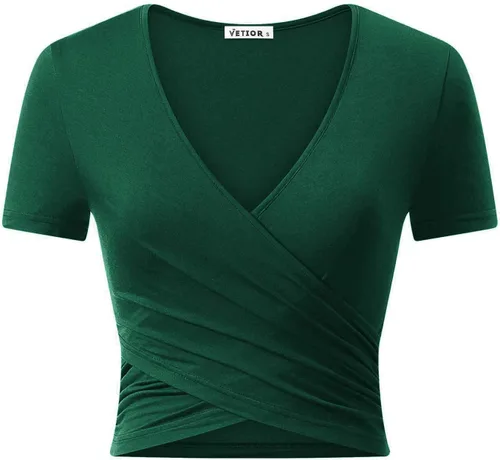 Vetior - Blusa de manga corta con escote profundo en V para mujer, camiseta ajustada tipo ombliguera con diseño cruzado en la parte delantera
