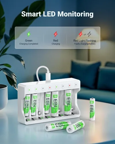 Miniatura 4 de EBL Baterías AAA Recargables con Cargador, 1100mAh NiMH, 1.2V, Recarga hasta 1200 veces, Baterías Triple A para Teléfono Inalámbrico (Paquete de 16)