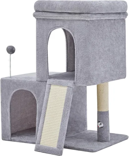 Miniatura 10 de Woochpet Árbol para gatos de 24 pulgadas de alto con 2 condominios para gatos y juguete de ratón, acogedora torre pequeña para gatos con poste