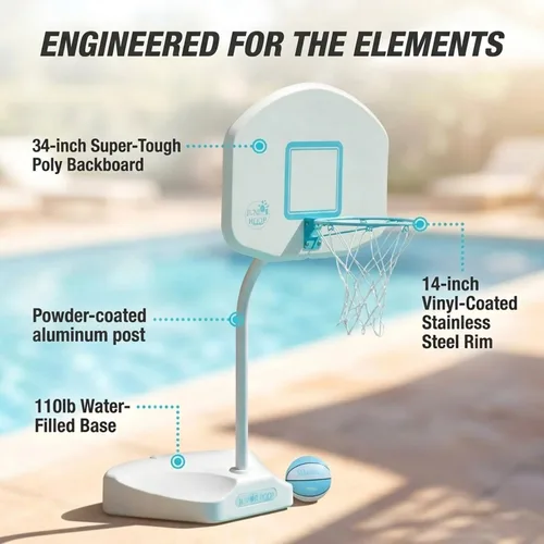 Miniatura 5 de Dunn-Rite - Aro de baloncesto para piscina con bola, base rellena de agua de 110 libras y borde de acero inoxidable de 15 pulgadas, elige tablero