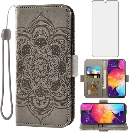 Compatible con Samsung Galaxy A50 A50S A30S - Funda tipo cartera y protector de pantalla de vidrio templado con tapa para tarjetero, fundas para