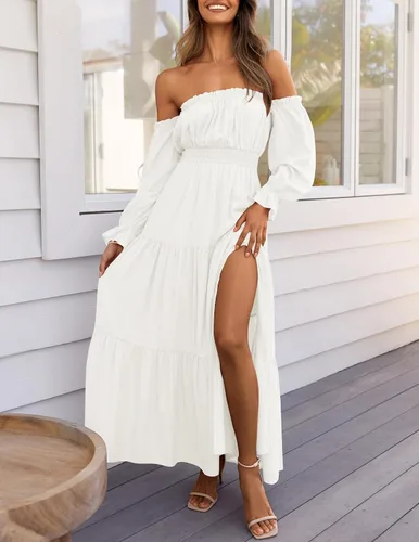 Miniatura 2 de ZESICA - Vestido largo, bohemio y sexy, con hombros descubiertos y manga larga fruncida, con elástico fruncido, cintura alta y abertura lateral
