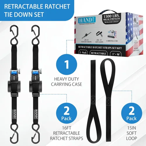 Miniatura 5 de Correas de trinquete retráctiles, 1 pulgada x 16 pies, resistencia a la rotura de 1500 libras, alta resistencia, autorretráctil, botón de Negro