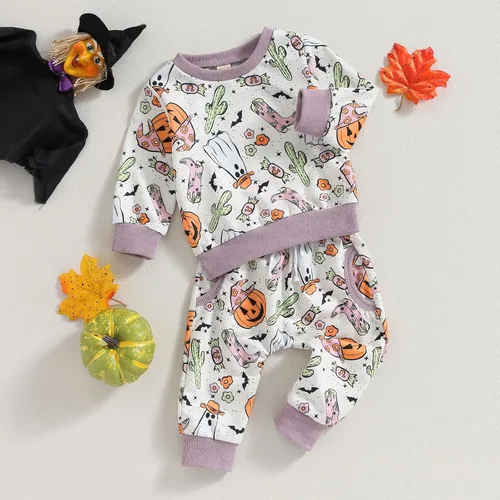 Miniatura 52 de YINGISFITM Conjunto de camisa de calabaza de Halloween para bebé, niña, niño, sudadera y pantalones para otoño e invierno