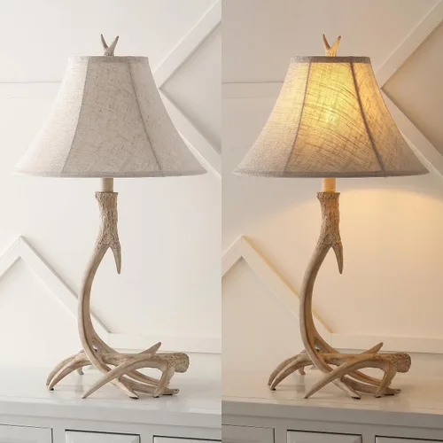 Miniatura 5 de JONATHAN Y Lámpara de mesa de resina rústica beige de 27.5 pulgadas para sala de estar, dormitorio, pantalla de lino gris claro, lámpara de mesita
