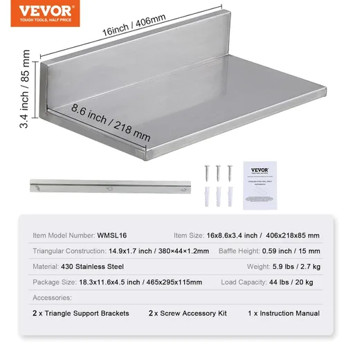 Miniatura 3 de VEVOR Estante de pared de acero inoxidable, 8.6 x 16 pulgadas, paquete de 2 con protector contra salpicaduras, soporta 44 libras, ideal para cocina