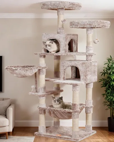 Miniatura 27 de Heybly Poste rascador para gatos, torre de árbol pequeño para gatos con 3 postes de sisal completos, cama de felpa extraíble, cepillo de aseo