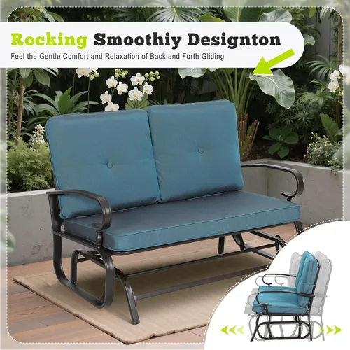 Miniatura 6 de Banco al aire libre para patio, mecedora de 2 asientos, mecedora de hierro forjado para patio exterior con cojín (azul)