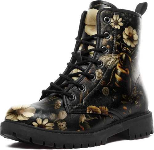 Miniatura 8 de Botas de Combate Florales de Setas para Mujer - Botas Góticas de Bosque Witchcore Tacón Grueso Cuero Vegano Moda con Cordones Botines Negros