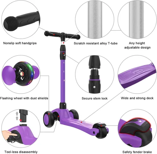 Miniatura 2 de Allek - Kick Scooter B03. Monopatín de 3 ruedas de Poliuretano iluminadas, extra anchas con sistema inclinable y deslizante (Lean 'N Glide), Morado