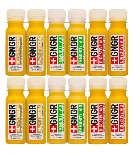 +GNGR Paquete variado de 12 chupitos de jengibre orgánico. Prensado en frío, sin conservantes. Jugo de jengibre, raíz de cúrcuma, jugo de limón y