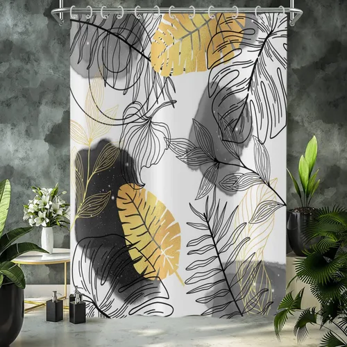 Miniatura 2 de Cortina de ducha bohemia y chic, cortina de baño moderna con hojas tropicales abstractas y ramas botánicas doradas, para decoración del hogar, tela