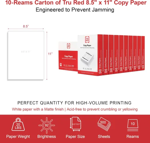 Miniatura 7 de Staples TRU RED - Papel de copia e impresora, 8.5 x 11, 20 libras, brillo 92, 5,000 hojas/cartón, papel blanco tamaño carta para oficina, escuela