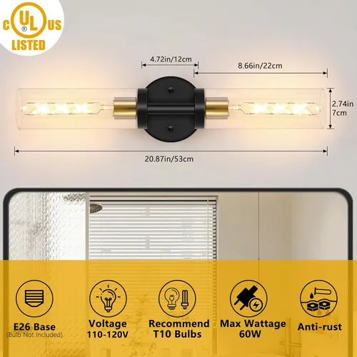 Miniatura 2 de Baocuz Lámparas de baño de 2 luces sobre espejo, luces de tocador negras y doradas para baño, apliques modernos con vidrio transparente para baño