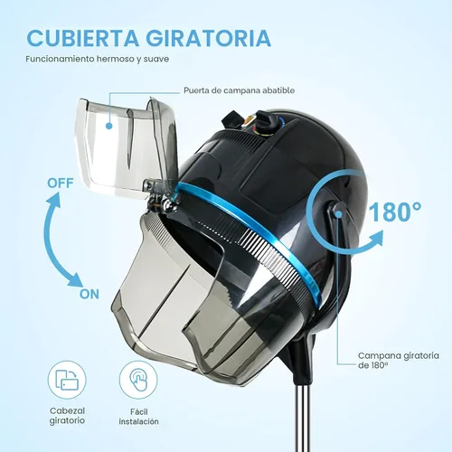 Miniatura 5 de Secador de pelo profesional de 1300W ajustable con capucha, de pie, base giratoria, con ruedas, para salón. Negro
