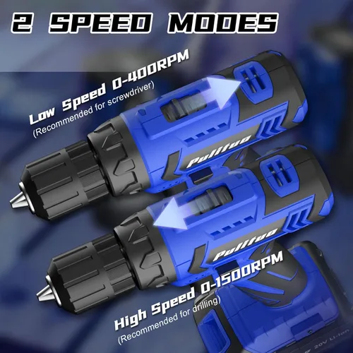 Miniatura 2 de PULITUO Taladro eléctrico de 20 V con batería y cargador, par de 30 N.m, 21+1 velocidades, 59 piezas de brocas y juego de tornillos (azul)