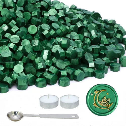 SWANGSA Kit de 360 cuentas de cera de sellado verde metálico con 2 velas de té y 1 cuchara de fusión de cera para sello de cera (verde metálico)